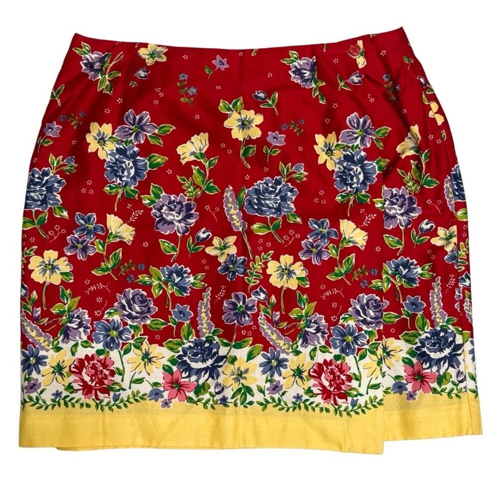 Vintage Talbots Wrap Skirt Size 20 Red Retro Floral Border Print Lined EUC